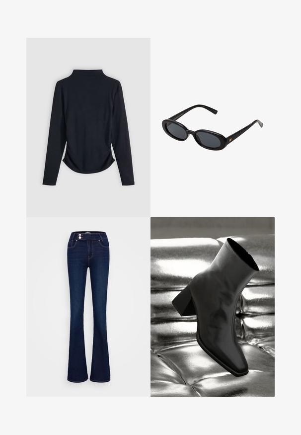 Čierna blúzka s dlhým rukávom a vysokým golierom, so zbieranými stranami a hladkou textúrou. Jednoduchý dizajn bez viditeľných vzorov alebo kovania.; Tmavomodré zvonové džínsy s vysokým pásom, dvoma prednými vreckami a dvoma gombíkovými zapínaniami. Vyrobené z denimu s hladkou textúrou.; Čierne členkové topánky vyrobené z lesklého materiálu so štvorcovou špičkou a zúženým podpätkom, na lesklom striebornom podklade s vystuženým vzorom.; Čierne oversized slnečné okuliare s oválnymi šošovkami, hladkým plastovým rámom a zlatými akcentmi na straniciach. Tmavé šošovky poskytujú ochranu pred slnkom.; Červená semišová kabelka na rameno s zakriveným tvarom. Obsahuje strieborné akcenty a nastaviteľný popruh s hardvérovými detailmi. Hladký povrch.