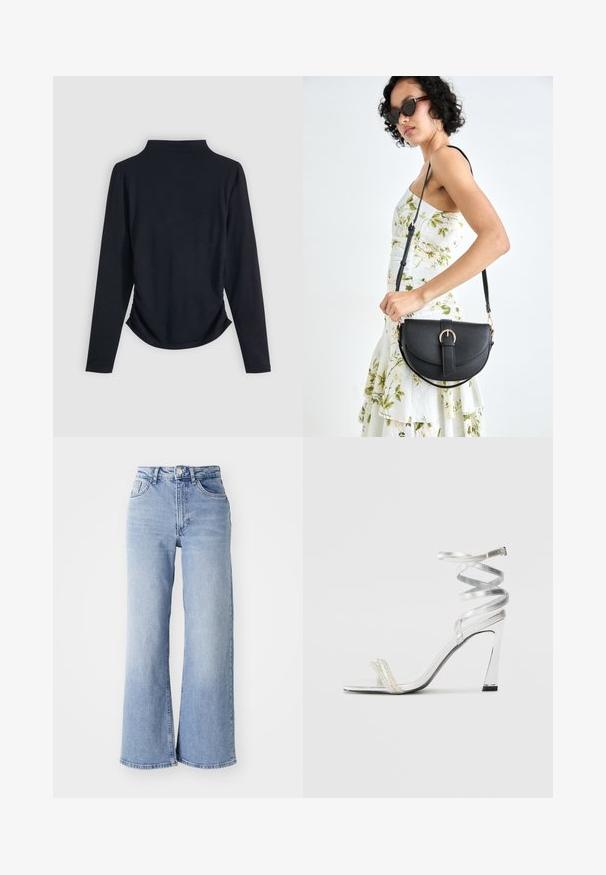 Juodas ilgomis rankovėmis viršus su aukštu apykaklę, surinktomis šoninėmis ir glotnia tekstūra. Paprastas dizainas be matomų raštų ar metalinių detalių.; Šviesiai mėlynos aukšto liemens plačius džinsus su priekiniais ir galiniais kišenėmis, mygtuko uždarymu ir subtiliu blukimu ant šlaunų bei apačių.; Sidabrinė aukšto kulno sandalai su blizgiu diržo dizainu, featuring perlo panašus akcentas ir spiralinė kulkšnies dirželis saugiam prisitaikymui.; Juodas odinis krepšys su išlenkta forma, nuimamu dirželiu ir auksiniais detalėmis. Krepšys turi kilpą su sagtimi.