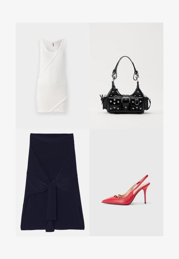 Camiseta sin mangas blanca de tejido acanalado, con un cuello redondo y detalle de costura diagonal en la parte delantera, con acentos de borde sin acabar.; Falda envolvente de color azul marino, fabricada en una tela suave y elástica con un diseño anudado en la parte frontal, que presenta una textura lisa y bordes ajustados.; Zapatos de tacón alto de charol rojo, con punta afilada y detalles en dorado. Presentan laterales con cortes y un tacón de aguja.; Bolso de mano de cuero negro con un diseño curvado, que cuenta con tachuelas plateadas, una hebilla y dos bolsillos laterales. Correa ajustable para opciones de transporte.