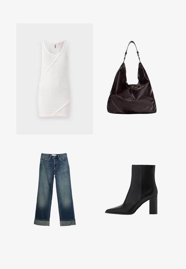 Bela majica bez rukava iz rebraste tkanine, z značilnim okroglim izrezom in diagonalnimi šivi spredaj, s puščenimi robovi.; Široke modre džins hlače z zamanšanim videzom, petim žepom in prepogibom na robovih z kontrastnim šivanjem. Gladka tekstura.; Črne usnjene gležnjarje z ostrim nosom, kvadratno peto, gladko teksturo in šivi ob šivih. Pete merijo približno 3,5 palca.; Temno rjavo usnjeno torbico s sproščenim oblikovanjem, širokim odprtjem in enim naramnim trakom. Vsebuje subtilne šive.