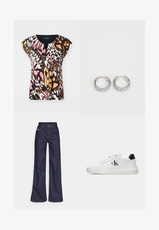 Short-sleeve top featuring a colorful butterfly pattern in pink, orange, black, and white. Keyhole detail at the neckline and soft texture.; Dark blue wide-leg jeans in denim fabric with a high waist, featuring orange stitching, five-pocket design, and a button closure.; White low-top sneaker with black heel tab, platform sole, laces, and Calvin Klein "CK" logo on the side.; Silver hoop earrings with a textured design featuring vertical ridges. Circular shape with a secure latch closure. Smooth finish.