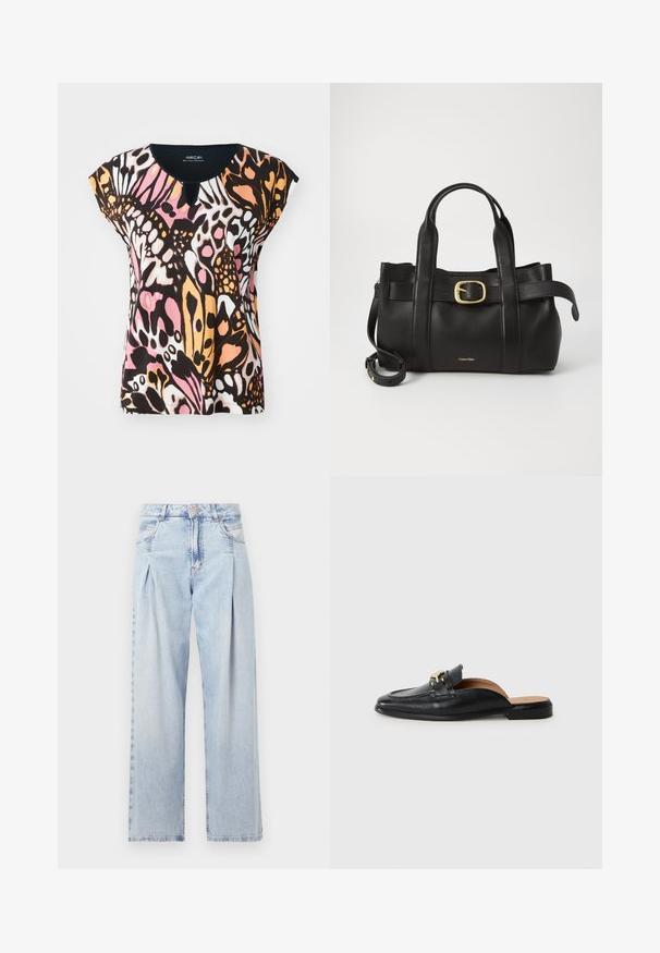 Un haut à manches courtes avec un motif de papillons colorés en rose, orange, noir et blanc. Détail en forme de trou de serrure au niveau du col et texture douce.; Jeans en denim bleu clair avec taille haute, coupe large, deux poches latérales et design plissé. Texture douce avec une finition décolorée.; Chaussure en cuir noir à enfiler avec bout arrondi, accent en métal doré et semelle plate. Intérieur doublé de cuir tan pour plus de confort.; Sac à main en cuir noir présentant un design structuré, deux poignées supérieures, un accent de boucle en ton doré et un logo de la marque en relief à l'avant.