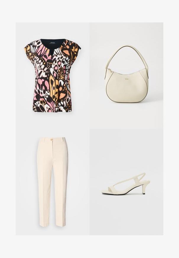 Un haut à manches courtes avec un motif de papillons colorés en rose, orange, noir et blanc. Détail en forme de trou de serrure au niveau du col et texture douce.; Pantalons taille haute couleur crème en tissu texturé. Dotés d'une fermeture à bouton à l'avant et de jambes fuselées.; Sandales beiges à talons carrés avec des fines brides et un bout carré. Matière lisse avec des détails minimaux, conçues pour un port facile.; Sac à main couleur crème avec une finition texturée, forme courbée, anses courtes et détail de logo doré. Fermeture éclair sur le dessus.