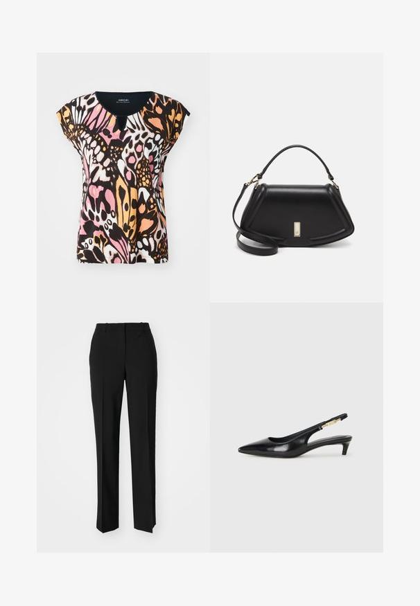 Short-sleeve top featuring a colorful butterfly pattern in pink, orange, black, and white. Keyhole detail at the neckline and soft texture.; Black tailored trousers with a straight-leg design, featuring a smooth texture and crisp creases along the front. No visible hardware.; Black leather slingback heels with a pointed toe, featuring a slim heel and a gold-tone accent on the adjustable strap. Smooth texture.; Black leather handbag with a structured design, featuring a cropped shape, top handle, and gold hardware accent. Adjustable shoulder strap included.