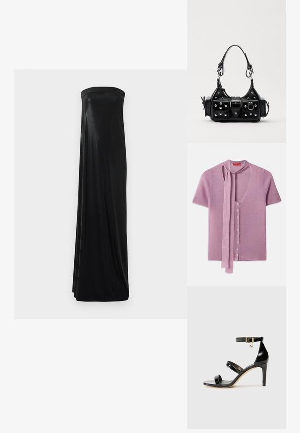 Gebreide cardigan in lichtroze, met een V-hals, korte mouwen en een strik bij de halslijn. Zes knopen sluiting met geribbelde textuur.; Zwart strapless maxi-jurk van glanzende, soepele stof. Heeft een getailleerde buste en een vloeiende silhoutte die de vloer raakt, zonder versieringen.; Zwarte gepatineerde leren sandaal met drie banden, enkelgesp en 10 cm hoge stiletto hak. Bevat gouden hardwaredetails en een logo charm.; Zwarte lederen handtas met een gebogen ontwerp, voorzien van zilveren studs, een gesp en twee zijvakken. Verstelbare schouderband voor verschillende draagmogelijkheden.