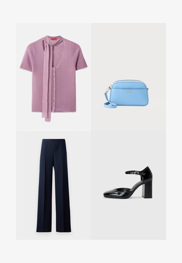 Pleteni kardigan v svetlo roza barvi, s črnim izrezom, kratkimi rokavi in trakom pri izrezu. Zapiranje na šest gumbov z reliefnim vzorcem.; Hlače širokega kroja v temno modri tkanini, z gladko teksturo, diskretno sprednjo gubo in prilegajočim pasom za eleganten videz.; Črne lakirane usnjene čevlje s peto, kvadratnim izrezom, trakovi okrog gležnja in masivno peto. Vsebujejo perforirane detajle ob robu.; Svetlo modra usnjena torba čez ramo z zlatimi dodatki, zadrgo in sprednjo žepko. Ima nastavljiv trak za udobje.