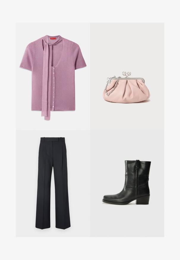 Pleteni kardigan u svijetlo ružičastoj boji, s V-izrezom, kratkim rukavima i mašnom na izrezu. Zatvaranje na šest dugmadi s rebrastom teksturom.; Tamno plave prugaste hlače visokog struka, širokih nogavica, bez vidljive opreme ili ukrasa. Glatka tekstura i kroj prilagođen tijelu.; Crne kožne čizme do članaka s okruglim vrhom, blok potpeticom, bočnim patentnim zatvaračem i detaljima od šavova na gornjem dijelu. Glatka tekstura, klasičan dizajn.; Ružičasta kožna torbica na preklop s naboranim dizajnom, metalnim okvirom, s dva okrugla kopčana i srebrnim lančanim remenom. Glatka tekstura, kompaktni oblik.