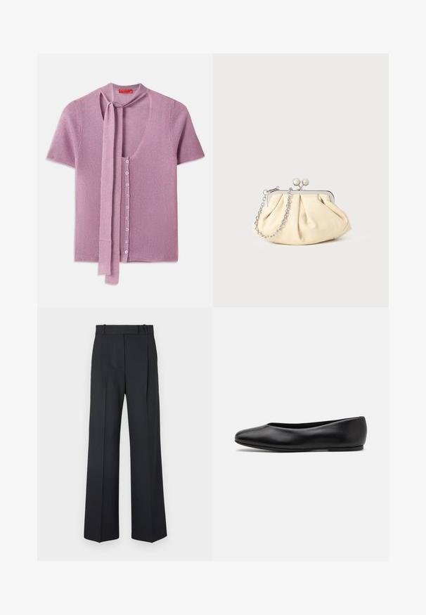 Knit cardigan in light pink, featuring a V-neck, short sleeves, and a tie at the neckline. Six button closure with ribbed texture.; Dark blue pinstriped trousers with a high waist, wide leg design, and no visible hardware or embellishments. Smooth texture and tailored fit.; Paul Smith TOPANGA - Ballet pumps - black; Pleated beige leather clutch with a silver metal frame, featuring two round decorative clasps and a silver chain strap.