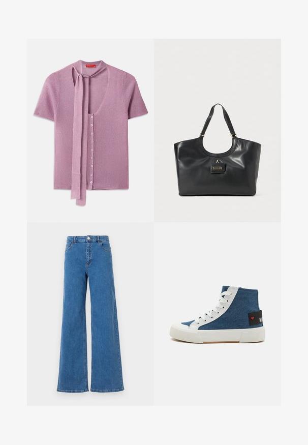 Cardigã de malha em rosa claro, com decote em V, mangas curtas e um laço no decote. Fecho com seis botões e textura canelada.; Jeans de denim azul de perna larga com uma cintura alta, bolsos frontais e fecho de botão. O tecido tem uma textura suave e um padrão de costura clássico.; Tenis de cano alto em denim azul com atacadores brancos e sola de borracha. Apresenta um patch preto com um coração vermelho e texto branco na lateral.; Bolsa tote em couro preto com um acabamento brilhante, topo curvado, duas alças para o ombro e um detalhe em metal dourado na frente.