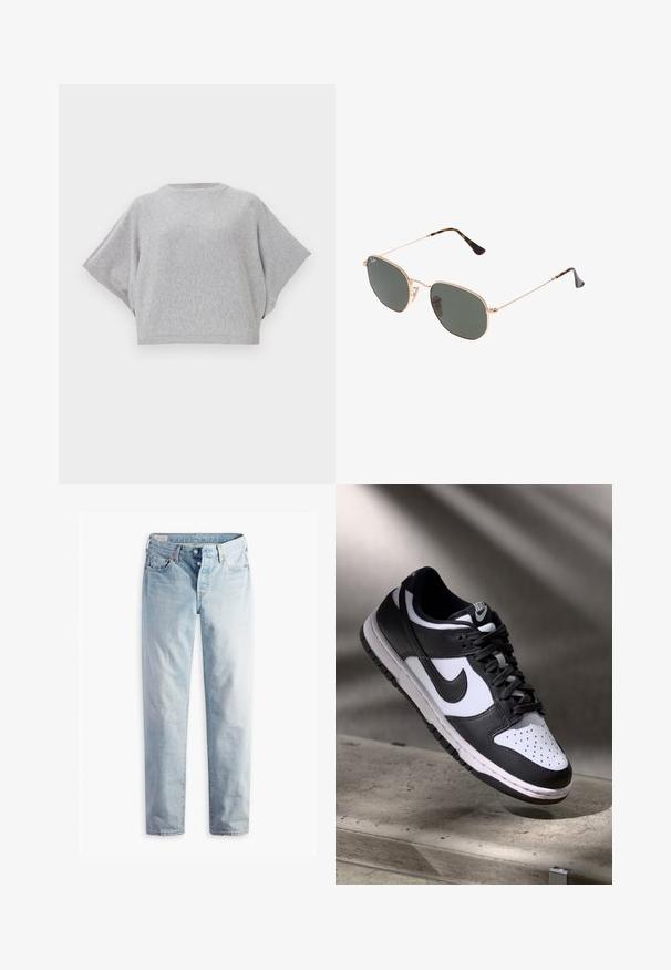 Siv nošeni pulover s kratkimi, širokimi rokavi, okroglim izrezom in rebrastim robom. Mehek material, sproščen kroj, vsestranska zasnova.; Svetlo modri kavbojki z ravnim krojem, dvema sprednjima žepoma in dvema zadnjima žepoma. Vključuje zaponko na dva gumba in subtilno šivanje.; Črno-bel Nike Dunk Low čevelj z usnjenim zgornjim delom, perforiranim prstnim delom in črnimi vezalkami, z belim podplatom in logotipnimi detajli.; Sončna očala z zlatim kovinskim okvirjem in temno zelenimi lečami, aviatorskega sloga, z vitekimi ročaji in želvovim vzorcem na konicah.