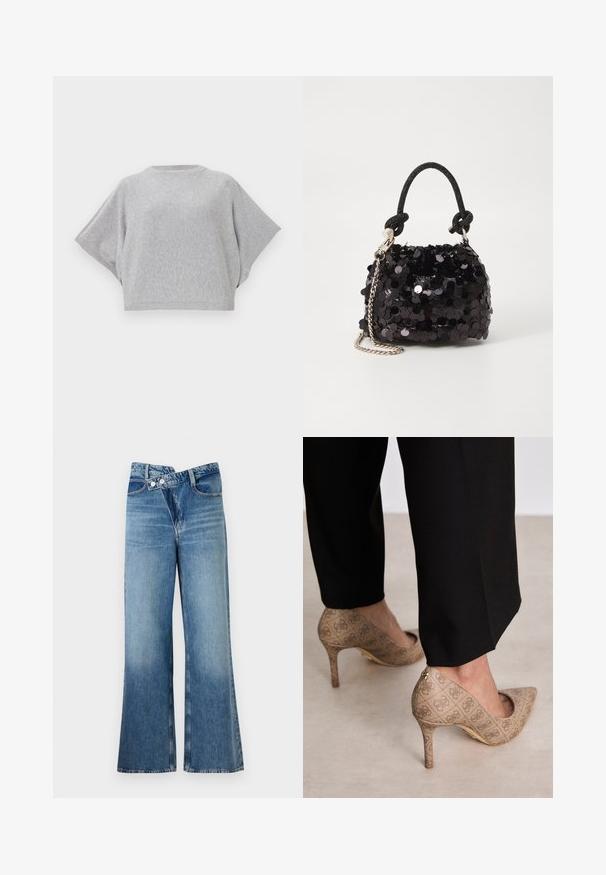 Pulover gri tricotat cu mâneci scurte și late, guler rotund și tiv cu model în relief. Textură moale, croială lejeră, design versatil.; Jeans din denim albastru deschis, cu fason evazat și talie înaltă, având două butoane și buzunare frontale. Materialul are o textură decolorată cu variații subtile.; Pantofi cu toc înalt bej, dintr-un material texturat ce prezintă un model repetitiv. Design cu vârful ascuțit, cu un accent la spate și detaliu auriu pe toc.; Geantă mini neagră cu paiete, cu un umar texturat înnodat și un lanț argintiu. Formă rotundă cu partea de sus adunată și detalii reflectorizante.