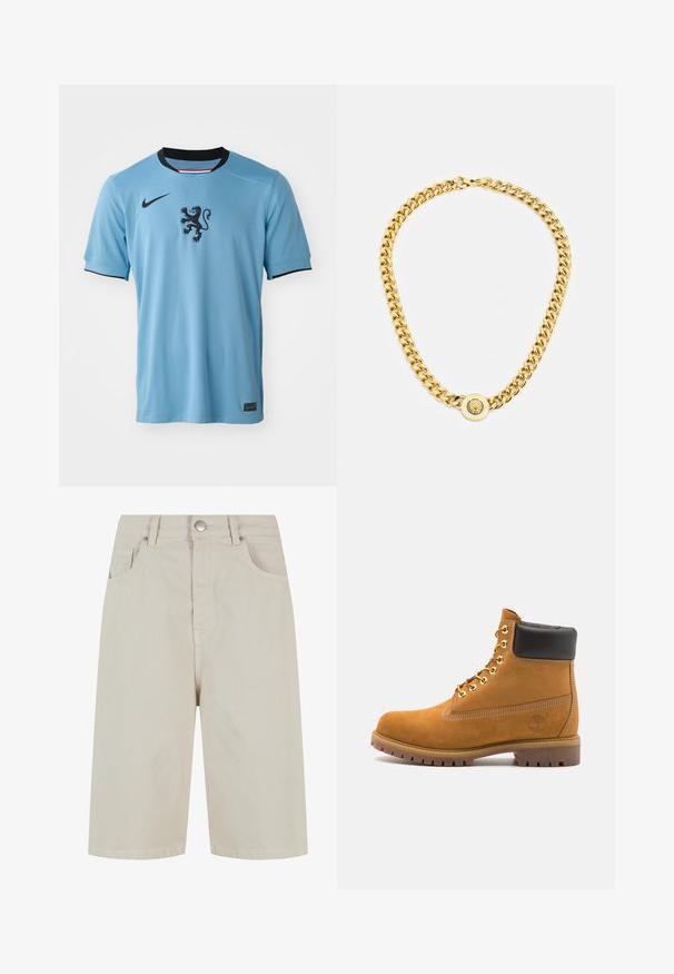 Világoskék Nike mez fekete részletekkel, a mellkason oroszlán emblémával és fekete gallérral. Simább, lélegző anyagból készült.; Beige farmernadrág, egyenes szabással, elülső gombos záródással és négy zsebbel. Az anyag sima textúrájú, minimális varrási részletekkel.; Barna velúr bokacipő fekete párnázott gallérral, arany fém fűzőlyukakkal, fehér varrási részletekkel és durva gumitalppal, amelynek kifejezett barázdái vannak.; Arany lánc nyaklánc nagy, egymásba fonódó gyűrűkkel, középen egy kiemelkedő emblémával ellátott kört alakító medállal.