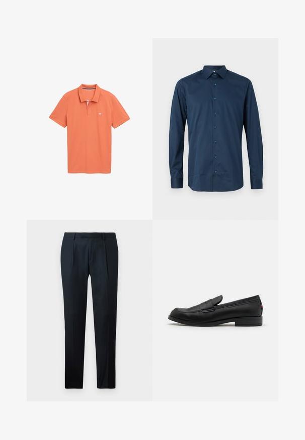 Trumpas rankovės, oranžinis polo marškinėlis, pagamintas iš minkštos medvilnės. Yra juostelės apykaklė su dviem mygtukais, subtilus logotipas ant krūtinės ir tiesus kirpimas.; Tamsiai mėlynas, ilgomis rankovėmis, marškiniai su mygtukais, pagaminti iš lygios medžiagos. Yra standartinė apykaklė, priekinė mygtukų juosta su atitinkamais mygtukais ir rankogalių dizainas.; Juodi pritaikyti kelniai, pagaminti iš lygaus Audinio, su lieknu siluetu, dviem priekiniais klostėmis ir plokščiu liemeniu be matomų detalių.; Juodos odinės loafers' tipo bateliai su lygia apdaila, apvalia nosimi ir maža dekoratyvine kišenėle. Turi žemą sukrauto kulno ir subtilų prekės ženklo detalę.