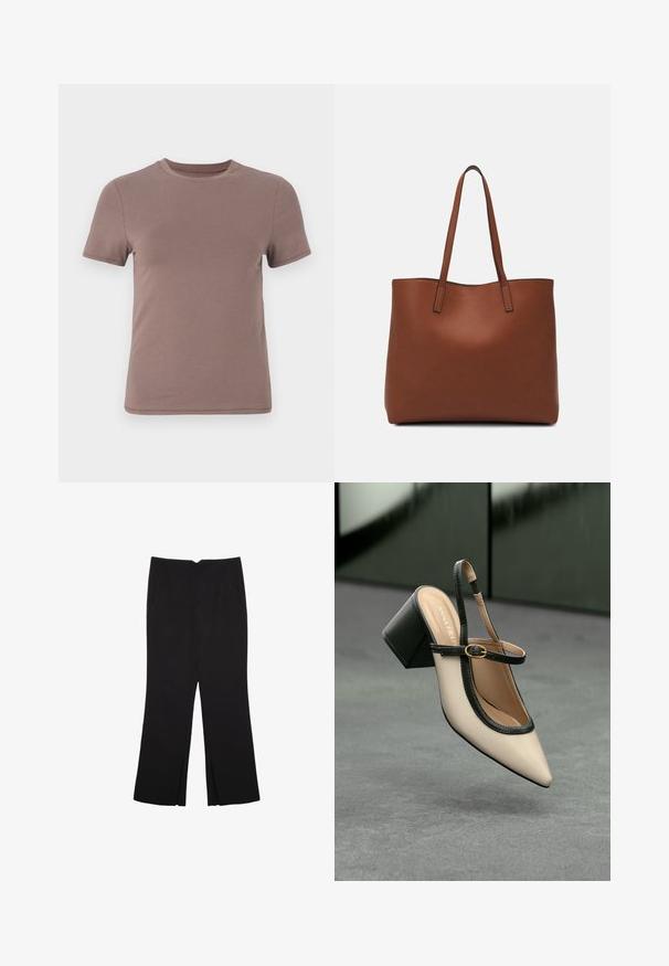 Kortærmet T-shirt i dæmpet brun, lavet af glat bomuld med en klassisk rund halsudskæring og minimale syninger.; Sorte bukser med lige pasform, der har frontlommer og slidser i kanten. Lavet af blødt, glat stof. Velegnet til forskellige anledninger.; Beige spids tå slingback sko med sort kant, guld spænde og en chunky blokhæl på grå gulv med mørkegrøn baggrund.; Brun læder tote taske med en glat overflade, åben topdesign og to skulderremme. Har minimal syning og ingen synlig hardware.