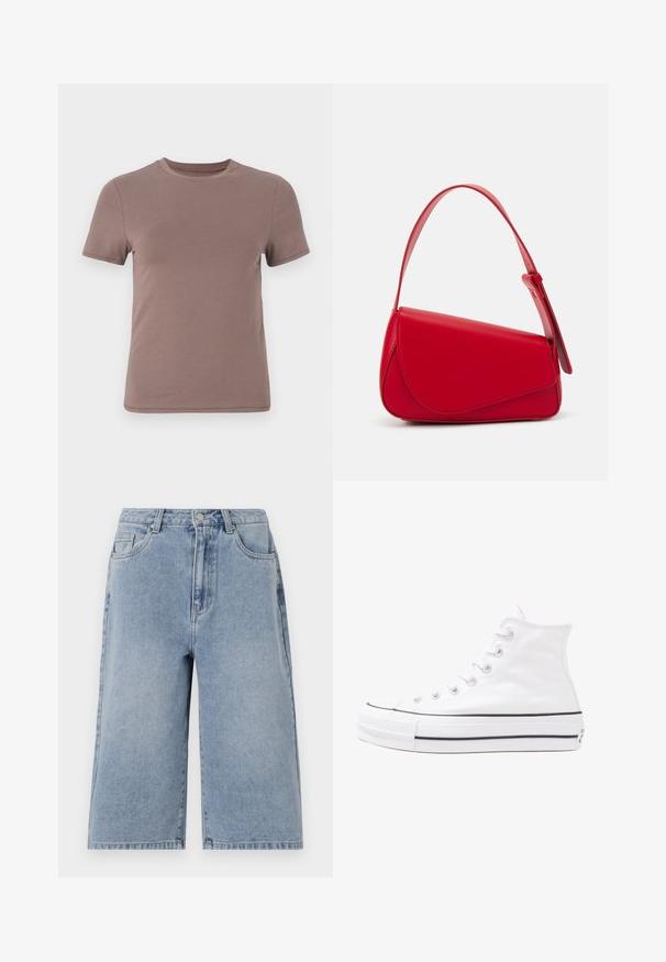 Tričko s krátkým rukávem v tlumené hnědé barvě, vyrobené z hladké bavlny, s klasickým kulatým výstřihem a minimálními švy.; Světle modré džíny šortky s volným střihem, středně vysokým pasem a viditelným švem. Obsahují boční a zadní kapsy a zapínání na knoflík.; Bílé vysoké plátěné tenisky s černou gumovou podrážkou, přední gumovou špičkou a šesti očky na tkaničky, se čistým, minimalistickým designem.; Červená kožená kabelka s ostrým, geometrickým designem. Má jeden nastavitelný popruh a klopu s prošívanými detaily.