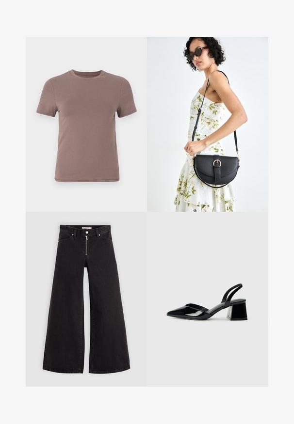 Kortærmet T-shirt i dæmpet brun, lavet af glat bomuld med en klassisk rund halsudskæring og minimale syninger.; Vide ben jeans i sort denim med lynlås foran, fem lomme-design og subtile stikninger. Glat tekstur og afslappet stil.; Sorte patentlæder slingback hæle med spids tå og en geometrisk blok hæl. Har et elegant, minimalistisk design og en glat tekstur.; Sort læderhåndtaske med en buet form, aftagelig rem og guldfinish. Tasken har en klap med en spænde detalje.