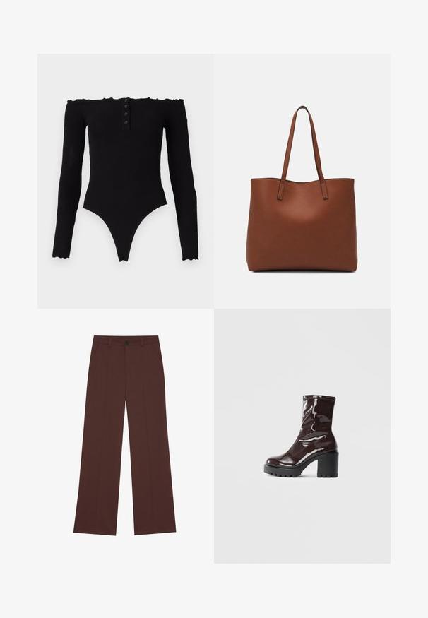 Svart avtakbar bodysuit med lange ermer, ribbestruktur, knappestolpe og scalloped kanter. Designet med høyt skåret ben.; Bredde benbukser i en rik brun stoff. Har knappelukking, to frontlommer, glatt tekstur og rene linjer.; Glinsende burgunder ankelstøvel med en kraftig svart hæl, med en glatt tekstur og enkelt design. Ingen synlige lukkinger eller mønstre.; Brun lær tote veske med en jevn tekstur, åpen toppdesign og to skulderstropper. Har minimal søm og ingen synlige spiker.
