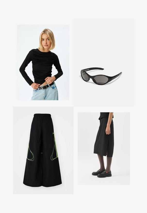 Black long-sleeve top with gathered texture around the waist, round neckline, and soft, stretchy fabric. Paired with light blue high-waisted jeans.; adidas Originals TEAMGEIST - Tracksuit bottoms - black/signal green; Black knee-length skirt with side slit, paired with black loafers and sheer brown tights, featuring a smooth fabric and simple design.; Black sunglasses with an oval shape and dark lenses. Sleek plastic frame with textured accents on the arms. Branding on the side.; Silver hoop earrings with a smooth, polished surface and a thin, circular shape. The design features a secure clasp.
