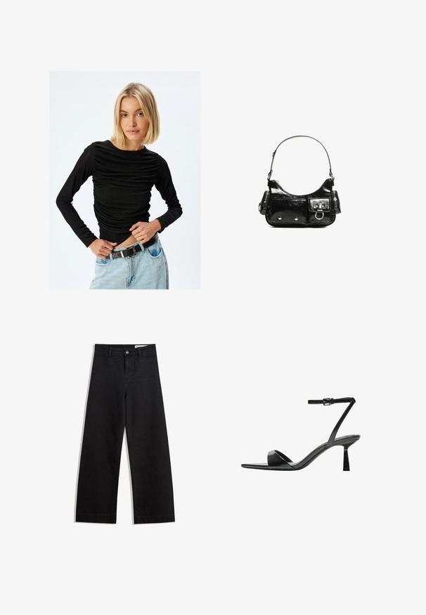 Zwarte langelool top met gathers rondom de taille, ronde halslijn en zachte, rekbare stof. Gecombineerd met lichtblauwe hoge taillejeans.; Zwarte denim broek met wijde pijpen en een hoge taille, voorzien van voor- en achterzakken, gestikte naden en een knoopsluiting. Gladde textuur.; Bershka Sandalen met hoge hak - black; Zwarte laarzen in lakleer met een gebogen vorm, één schouderband, voorvakken en accenten in zilverkleurig metaal.