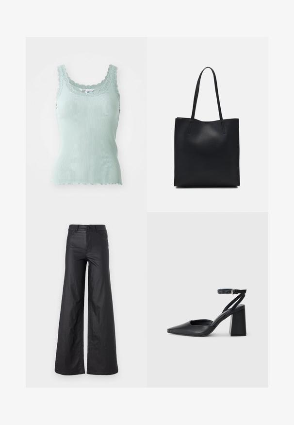 Jasnoniebieski prążkowany top na ramiączkach z falistym koronkowym dekoltem i cienkimi ramiączkami, wykonany z miękkiego, elastycznego materiału.; Czarne, szerokie spodnie z materiału przypominającego skórę. Posiadają wysoki stan, szlufki na pasek, dwie przednie kieszenie oraz przeszycia.; Czarne skórzane czółenka z ostrym noskiem, z paskiem na kostce i grubym obcasem. Gładka faktura, elegancki design i minimalistyczna estetyka.; Czarna skórzana torba tote o gładkiej fakturze, prostokątnym kształcie i dwóch długich uchwytach. Brak widocznych elementów metalowych i ozdób.