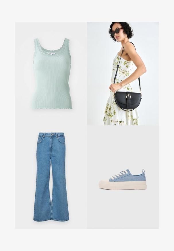 Light blue ribbed tank top with a scalloped lace neckline and thin straps, made from a soft, stretchy fabric.; Light blue flared jeans made of denim, featuring a high waist, five pockets, and a single button closure. Soft texture with faded finish.; Light blue canvas sneakers with a cream rubber toe cap and outsole, featuring white laces and a pull tab on the heel.; Black leather handbag with a curved shape, detachable strap, and gold hardware. The bag features a flap with a buckle detail.