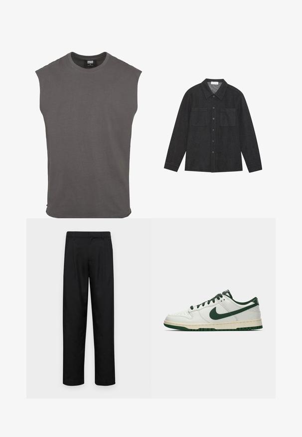 T-shirt grigio in cotone a maniche corte con scollatura rotonda e vestibilità comoda. Design semplice, texture morbida, senza motivi o hardware visibile.; Camicia grigio scuro realizzata in tessuto testurizzato, con colletto a punta, chiusura con bottoni e due tasche sul petto. Maniche lunghe con polsini abbottonati.; Pantaloni neri realizzati in tessuto liscio, caratterizzati da un taglio dritto, due pieghe frontali e una vita standard con passanti per la cintura.; Sneaker bianco a bassa cima con swoosh Nike verde scuro, lacci e dettagli della suola, mostrato di profilo su uno sfondo bianco uniforme.
