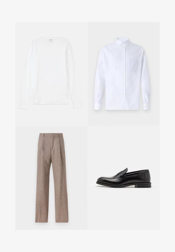 White long-sleeve T-shirt with a V-neck, made of soft material, featuring a relaxed fit and side slits for ease of movement.; White long-sleeve button-up shirt made of cotton, featuring a chest pocket with tonal embroidery, a collar, and button cuffs.; Brown, high-waisted trousers made of textured fabric. Features wide legs and two front pleats for structure. Neat finish with no visible hardware.; Black leather loafers with a smooth texture, rounded toe, and a decorative strap across the vamp. Low stacked heel, minimalist design.