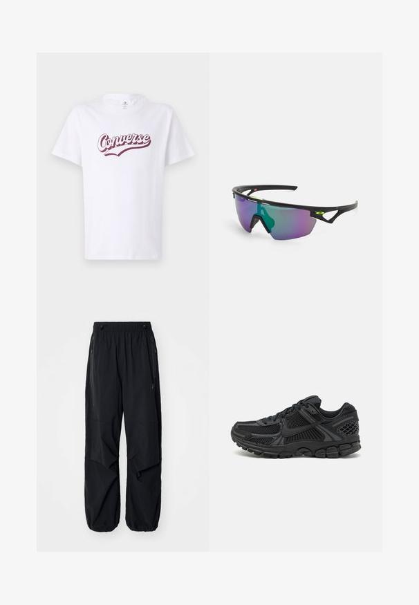 Weißes Baumwoll-T-Shirt mit einem burgunderfarbenen "Converse"-Logo in geschwungener Schriftart, mit kurzen Ärmeln und klassischem Rundhalsausschnitt.; Schwarze leichte Cargo-Hosen mit elastischem Bund, seitlichen Reißverschlüssen und geräumigen Taschen. Bietet eine lockere Passform und tapered Bündchen.; Schwarzer Sportschuh mit mesh-Obermaterial, Gummisohle und strukturierten Akzenten. Das Design umfasst ein ausgeprägtes Schnürsystem und eine gepolsterte Sohle.; Sportsonnenbrille mit einem schwarzen Rahmen, großen Verlaufslinsen in lila und grünen Farbtönen sowie winkeligen Designelementen mit Logodetails.