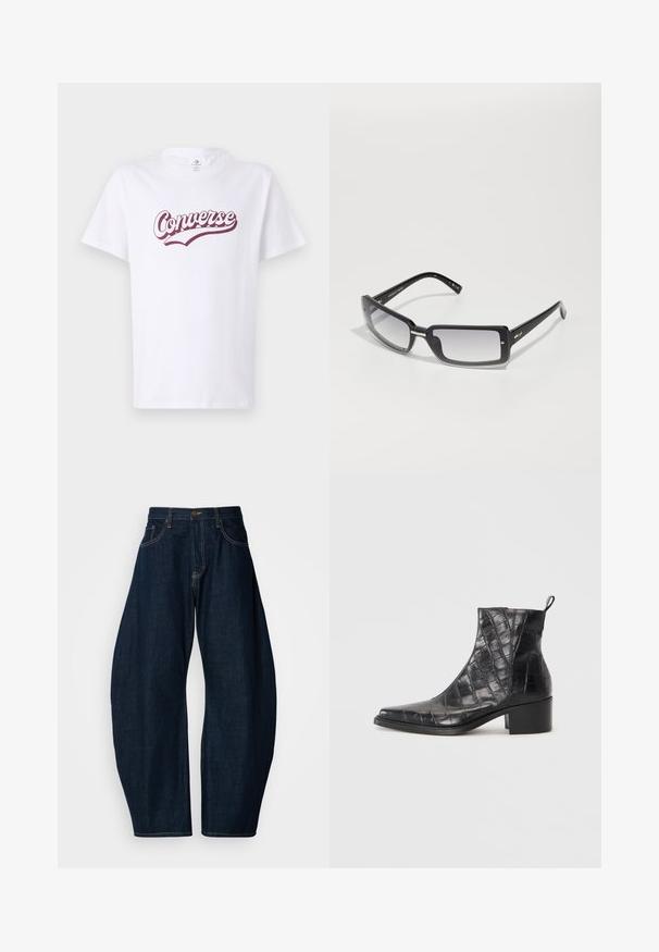 Weißes Baumwoll-T-Shirt mit einem burgunderfarbenen "Converse"-Logo in geschwungener Schriftart, mit kurzen Ärmeln und klassischem Rundhalsausschnitt.; Dunkelblaue Jeans mit weitem Bein, ausgeführt mit auffälligen Nähten, fünf Taschen und einem Messingknopfverschluss am Bund.; Schwarze Knöchelstiefel aus strukturiertem Kunstleder mit einem Krokodil-Muster, ausgestattet mit einer quadratischen Zehenform und einem Blockabsatz.; Schwarze rechteckige Sonnenbrille mit einem abgedunkelten Glas, ausgestattet mit einem dicken Rahmen und metallischen Akzenten an den Bügeln. Glatte Textur insgesamt.