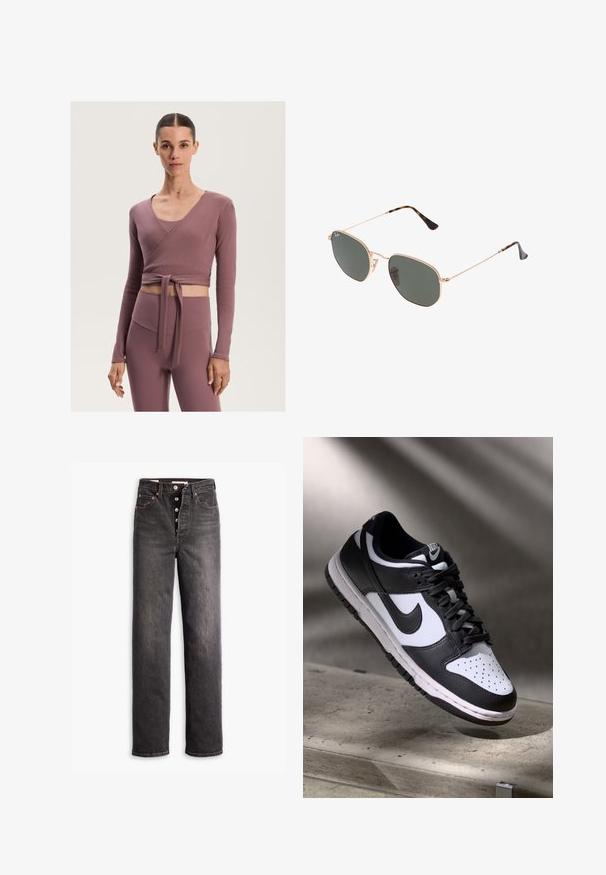 Gerippter Wickel-Top in staubigem Mauve, mit langen Ärmeln und einem Band in der Taille, kombiniert mit hoch taillierten, passenden Leggings.; Schwarze hochgeschnittene Jeans mit geradem Bein, aus Denim gefertigt. Verfügt über einen Knopfverschluss, Kupferakzente und Kontrastnähte.; Schwarz-weißer Nike Dunk Low Sneaker mit Lederobermaterial, perforiertem Zehenbereich und schwarzen Schnürsenkeln, ausgestattet mit einer weißen Sohle und Logo-Akzenten.; Goldfarbene Metallrahmen-Sonnenbrillen mit dunkelgrünen Gläsern im Pilotenstil, mit schlanken Bügeln und Schildpatt-Akzenten an den Spitzen.; Schwarze Tragetasche mit geometrischem Muster, aus strukturiertem Material gefertigt. Verfügt über stabile Griffe und ein Etikett, strukturierte Form.