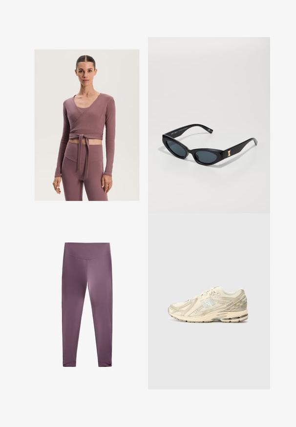 Gerippter Wickel-Top in staubigem Mauve, mit langen Ärmeln und einem Band in der Taille, kombiniert mit hoch taillierten, passenden Leggings.; Lila Sportleggings mit hohem Bund, aus einem glatten, elastischen Material gefertigt. Verfügt über ein tailliertes Bein Design ohne sichtbare Nähte.; Beige Sport sneaker mit Obermaterial aus Mesh, minimalistischen Akzenten, strukturiertem Profil und einem dezenten 'N'-Logo an der Seite. Leichtes Design für Komfort.; Schwarze Sonnenbrille mit einem eleganten, kantigen Design. Sie verfügt über dunkle Gläser, eine glänzende Oberfläche und eine goldene Akzentuierung an den Schläfen.; Braune, gepolsterte Schultertasche mit geschwungener Form, ausgestattet mit einem Reißverschluss und einem verstellbaren Gurt für vielseitige Trageoptionen.