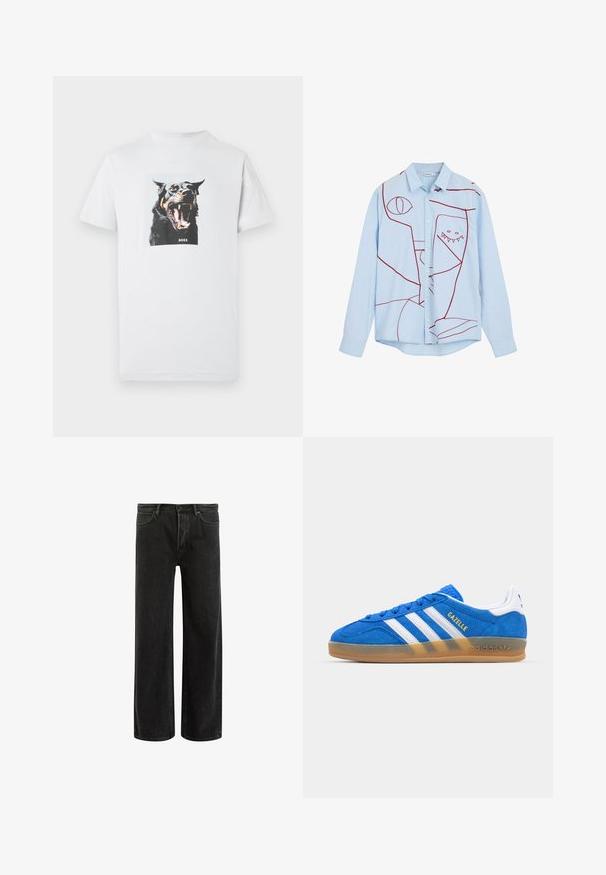 Camiseta blanca de algodón con un gráfico de un perro negro rugiente con acentos marrones y la palabra "BOSS" impresa debajo de la imagen.; Camisa de botonadura azul claro con bordado abstracto rojo, que incluye ojos y un diseño con dientes, con un cuello clásico y mangas largas.; Jeans de mezclilla negra de pierna ancha con cintura alta, que presentan un diseño clásico de cinco bolsillos y un sutil desvanecimiento para una apariencia texturizada.; Zapatillas de ante azul con rayas blancas y texto "Gazelle". Presentan una suela de goma y detalles texturizados en la parte superior. Diseño clásico.