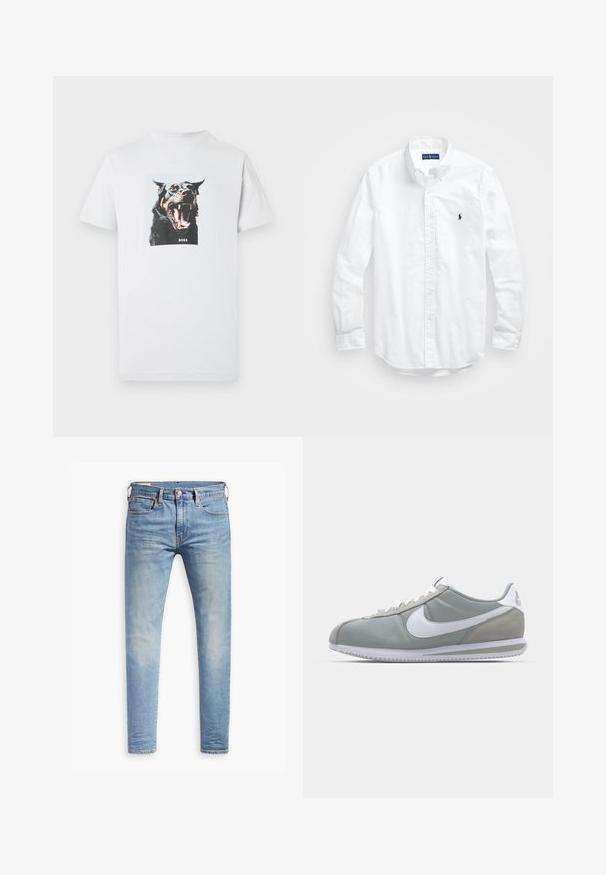 Λευκό βαμβακερό μπλουζάκι με γραφικό ενός αλυχτούντος μαύρου σκύλου με καφέ αποχρώσεις και τη λέξη «BOSS» τυπωμένη κάτω από την εικόνα.; Λευκό πουκάμισο μακριά μανίκια με κουμπιά από βαμβάκι. Διαθέτει κλασικό γιακά, κουμπιά στα μανίκια και μικρό ναυτικό κεντημένο λογότυπο στο στήθος.; Ανοιχτό μπλε τζιν σε στενή γραμμή, με ελαφριά φθορά στους μηρούς, κλείσιμο με κουμπί μπροστά, βρόχους ζώνης και πέντε τσέπες, σε λευκό φόντο.; Γκρι αθλητικό παπούτσι με επάνω μέρος από σουέτ και υφασμάτινο υλικό, λευκή σήμανση Nike, και λευκά κορδόνια. Διαθέτει αεριζόμενο καουτσούκ σόλα και επενδεδυμένο κολάρο.