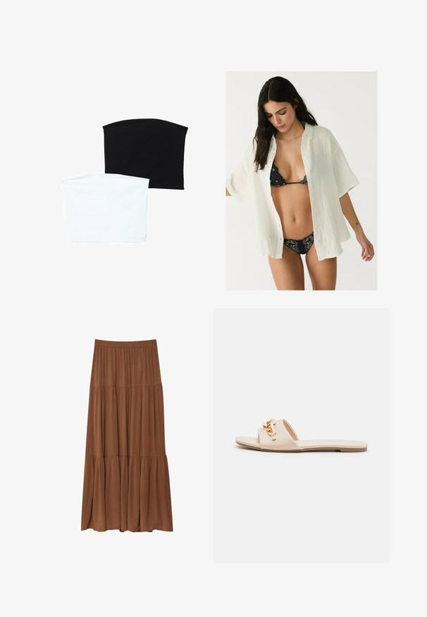 Twee naadloze buis sjaals: een zwarte en een witte. Beide zijn gemaakt van een zachte, rekbare stof en hebben een gladde textuur zonder patronen.; Witte, oversized button-up blouse met een gestructureerde stof, open gedragen over een zwart patroon bikini. Korte mouwen en een relaxed fit.; Lange, gelaagde rok in een rijke bruine kleur, gemaakt van lichtgewicht stof. Beschikt over een elastische tailleband en een vloeiende vorm voor gemakkelijke beweging.; Beige slippers met open tenen, vlakke zool en decoratieve metalen kettingaccenten op de band. Gladmateriaal met een minimale textuur.