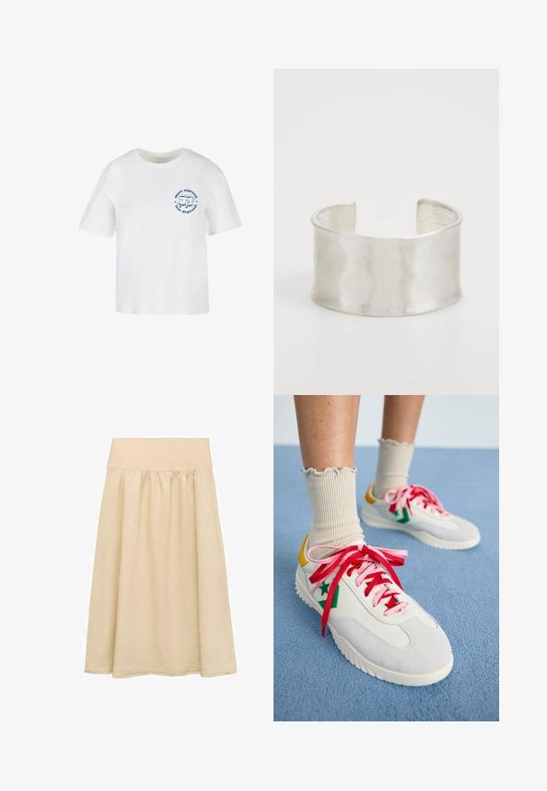 Valkoinen puuvillainen T-paita lyhyillä hihoilla, pyöreällä kauluksella ja sinisellä graafisella painatuksella, jossa on kaksi sarjakuvahahmoa ja teksti "enemmän espressoa, vähemmän masennusta".; Beige midi-hame, joka on valmistettu kevyestä kankaasta, jossa on joustava vyötärö, kootut yksityiskohdat ja helma, jossa on hienovarainen fringe-yksityiskohta.; Valkoiset ja harmaat lenkkarit, joissa on punaiset ja vaaleanpunaiset nauhat, vihreät tähden koristelut ja keltainen kantapää. Yhdistetty ribatuille beigeille sukille. Sininen tausta.; Zign Rannekoru - silver-coloured