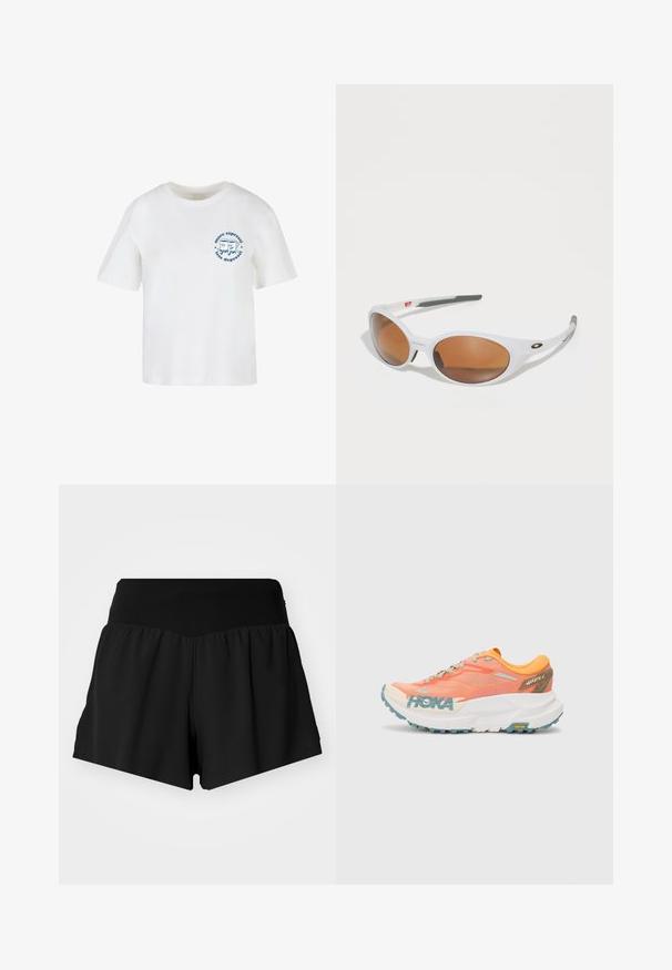 Bílý bavlněný tričko s krátkým rukávem, kulatým výstřihem a modrou grafickou potiskem, který zobrazuje dvě kreslené postavičky a text "více espressa, méně deprese".; Černé sportovní kraťasy s širokým, hladkým pasem, volnou tkaninou ve tvaru A a bočními rozparky pro lepší pohyblivost.; Oranžovo-růžová běžecká obuv s mesh svrškem, bílou mezipodešví, Vibram podrážkou a světle modrými akcenty. Na boku je branding HOKA.; Bílé sluneční brýle s hnědými čočkami, oválného tvaru, vyrobené z hladkého plastu, s šedými akcenty na ramenech a logem na obrubě.