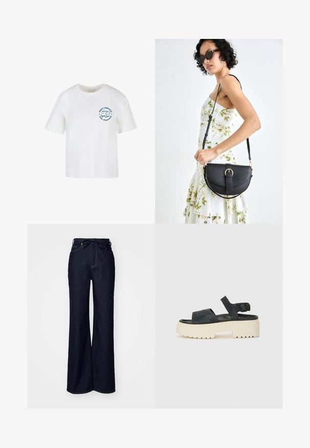 Valge puuvillane T-särk lühikeste varrukatega, ümar kaelus ja sinine graafik, millel on kaks joonisvälja karakterit ning tekst "rohkem espresso, vähem depressiooni".; Tumedad sinised laiad püksid, mis on valmistatud denimist, kõrge vöökoht, esi-taskud ja vöökoht on seotud paelaga.; Mustad musta sametist platvormsandaalid, millel on paks valge tald, lai esirihm ja reguleeritav pahkluu nööpe. Tekstureeritud tallad haardevad.; Mustmust mustraha kõverate joontega, eemaldatava rihmaga ja kuldsete detailidega. Kotil on klapp, millel on pandladetail.