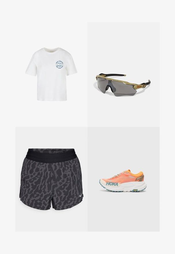 White cotton t-shirt with short sleeves, crew neck, and blue graphic print featuring two cartoon characters and text "more espresso, less depress".; Black and gray leopard print shorts with a wide elastic waistband, featuring a subtle sheen and a small white Nike logo on the lower right.; Orange and pink running shoe with mesh upper, white midsole, Vibram outsole, and light blue accents. Features HOKA branding on the side.; Sport sunglasses with a green patterned frame, black arms, and gray lenses. The design features a wraparound style with a bold, sporty shape.
