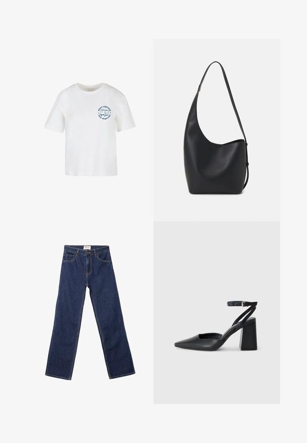 Weißes Baumwoll-T-Shirt mit kurzen Ärmeln, Rundhalsausschnitt und blauem Grafikdruck, der zwei Comicfiguren und den Text "mehr Espresso, weniger Depress" zeigt.; Dunkelblaue gerade Jeans mit Fronttaschen, Gürtelschlaufen und einem Knopfverschluss.; Schwarze Leder-Pumps mit spitzer Zehe, einem Knöchelriemen und einem blockigen Absatz. Flache Textur, elegantes Design und minimalistische Ästhetik.; Schwarze Leder-Hobo-Tasche mit einer glatten Textur, geschwungener Form und einem einzelnen verstellbaren Tragegurt; verfügt über eine weite Öffnung am oberen Ende.