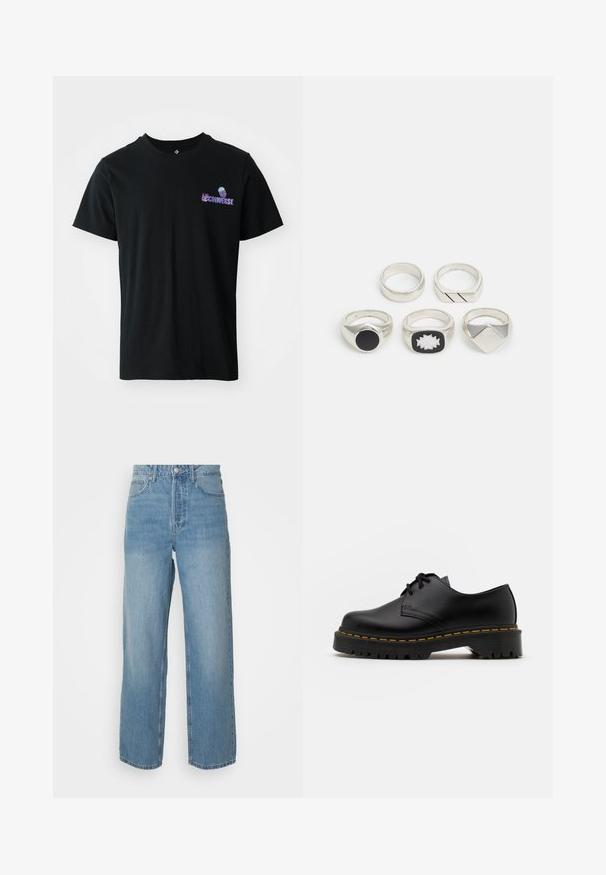 Juodas medvilninis marškinėlis trumpomis rankovėmis, su purpuriniu "Converse" logotipu ir medūzos grafika kairėje krūtinės pusėje.; Aukštos juosmens šviesiai mėlyni džinsai tiesiomis kojomis, priekinis mygtukų užsegimas ir penkių kišeninių stilius ant vientisos fono.; Juoda odinė lakuota avalynė su apvaliu pirštu, tekstūruota gumine padu ir geltona siūlelių apdaila aplink bazę. Lygus dizainas ir glotnus paviršius.; Penki sidabro žiedai: vienas su juodu apvaliu akcentu, vienas su baltai-juodu geometriniu raštu, o kiti su įvairiomis formomis ir apdailomis.