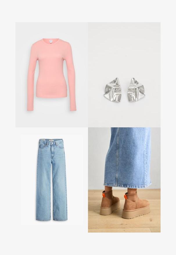 Langarm, geripptes Shirt in Hellrosa, mit rundem Halsausschnitt und enganliegender Silhouette aus glattem Stoff.; Hochgeschnittene, hellblaue Schlagjeans mit Frontknopf und Reißverschluss, Gürtelschlaufen und fünf Taschen.; Braune Wildleder-Plateau-Stiefel mit elastischen Seitenpaneelen und orangen Zuglaschen, kombiniert mit einem knielangen hellen Jeansrock auf einem Holzboden.; Silberne Metallohrringe mit einem wellenförmigen, skulpturalen Design, das eine polierte Oberfläche und unregelmäßige Formen aufweist, die eine zeitgenössische Ästhetik betonen.
