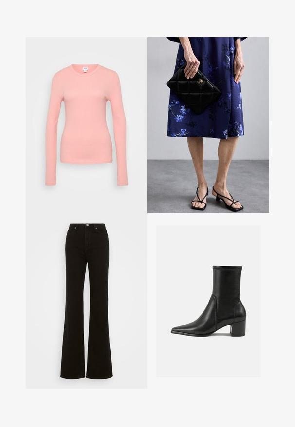 Cămașă cu mâneci lungi, din material cu textura ribbed, de culoare roz deschis, cu guler rotund și o siluetă ajustată.; Jeans negre cu talie înaltă, evazați, din denim, cu închidere prin buton, buzunare laterale și o textură netedă.; Botină neagră până la gleznă, fabricată din piele netedă, cu vârf ascuțit, toc tip bloc și cusături proeminente distincte la marginea superioară.; Clutch negru matlasat cu detalii aurii, asortat cu o rochie albastră cu flori. Rochia are o textură fină și un croi până la genunchi. Sandale negre cu bretele.; Cercei din argint cu multiple pietre strălucitoare, având un design în cascadă și suprafețe texturate, pe un fundal neutru.