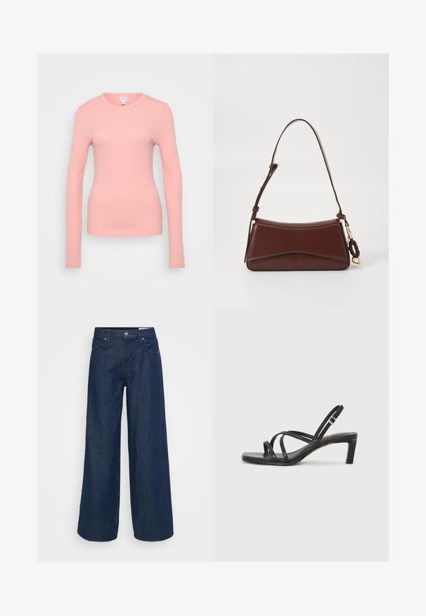 Long-sleeve, ribbed shirt in light pink, featuring a round neckline and a fitted silhouette with smooth fabric texture.; Denim wide-leg trousers in dark blue. High waist with button closure, five pockets, and contrasting stitching details. Smooth texture.; Black strappy sandal with a square toe and a low block heel. Features multiple thin straps and an adjustable ankle strap. Made of smooth leather.; Brown leather handbag with a curved silhouette, single strap, and gold hardware. Features a braided accent and a smooth, matte texture.