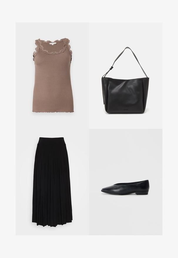 Brun ribbet tank top med en bølget blondet trim rundt halsen og armhulene, med en tettsittende design og myk tekstur.; Svart plissert skjørt med høy, elastisk midje. Laget av myk stoff, med vertikale folder for en flytende silhuett.; Sorte skinn flate sko med spiss tå, lett hevet hæl og glatt overflate. Enkelt design uten synlig hardware eller mønstre.; Calvin Klein GRACIE MEDIUM - Håndveske - black
