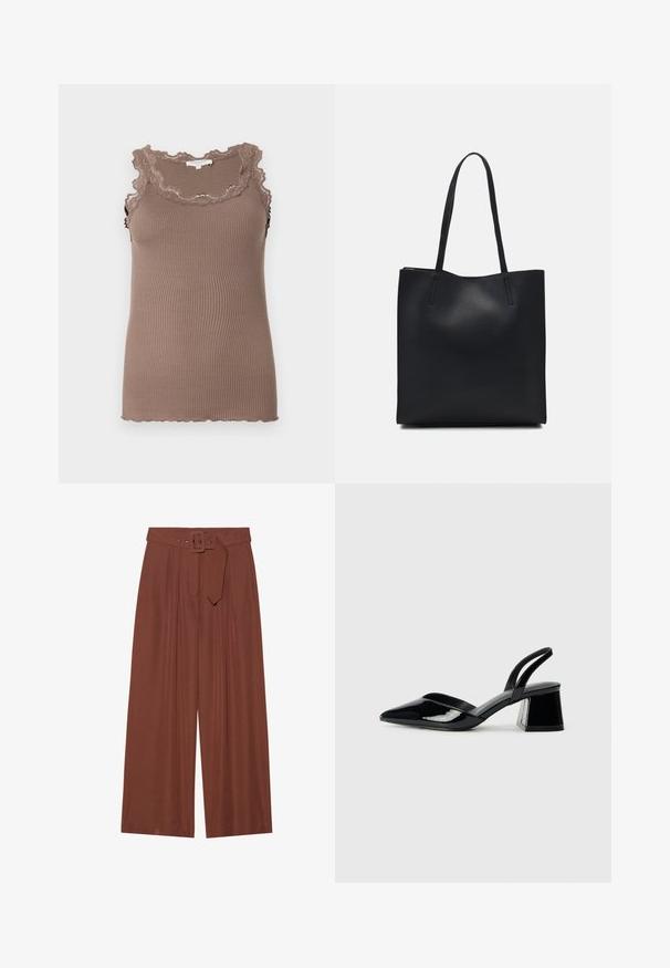 Barna bordás ujjatlan felső, fodros csipke díszítéssel a nyakkivágásnál és a karöltőknél, ergonomikus fazonnal és puha anyaggal.; Barna anyagból készült, széles szárú nadrág, négyzet alakú csattal ellátott övvel, redők kialakítással és sima textúrával.; Fekete lakk bőr szandálkés magas sarkú cipő, hegyes orral és geometrikus tömbsarkakkal. Karcsú, minimalista dizájn és sima textúra jellemzi.; Fekete bőrtáska sima felszínnel, téglalap alakú, két hosszú füllel. Nincs látható fémkiegészítő vagy díszítés.