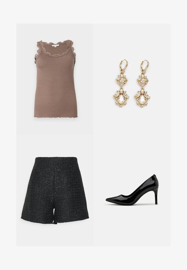 Brown ribbed tank top with a scalloped lace trim along the neckline and armholes, featuring a fitted design and soft texture.; Black woven shorts with a textured finish and a subtle sheen. Features a high waist and a structured A-line shape.; Black patent leather high-heeled pump with a pointed toe and sleek silhouette, featuring a smooth texture and minimalistic design.; Gold-tone dangle earrings featuring a cluster design with round and teardrop-shaped clear crystals, showcasing intricate detailing.