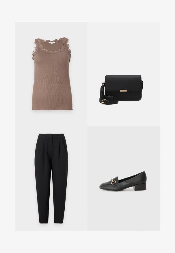 Hnědé žebrované tílko s volánkovým krajkovým lemem kolem výstřihu a průramků, s těsně padnoucím střihem a měkkou texturou.; Černé kalhoty s rovný fit, které mají záhyby v přední části, hladkou texturu a postranní kapsy. Pas je standardní výšky.; Černé kožené loferské boty s plochým podpatkem, zdobené zlatým kovovým detailem na přední straně a hladkým povrchem.; Černá kožená crossbody taška s klopou, zlatými kovovými prvky, nastavitelným popruhem a texturovaným povrchem. Kompaktní obdélníkový tvar.