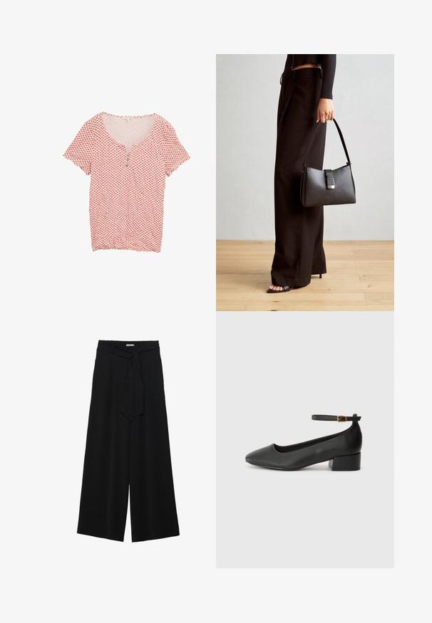 Rød og hvid mønstret skjorte med v-hals, korte ærmer og tre knapstropper. Lavet af letvægtsstof med en glat tekstur.; Sorte vide bukser i en tekstureret stofkvalitet, med elastisk talje og et aftageligt bånd i taljen for justerbar pasform.; Sorte læderpumper med spids tå og en lav blokhæl. Har en ankelrem med en guldfarvet spænde. Glat tekstur.; Sort håndtaske med struktureret form, glat overflade og metalspænde. Sammen med brede sorte bukser og sandaler med åben tå på trægulv.