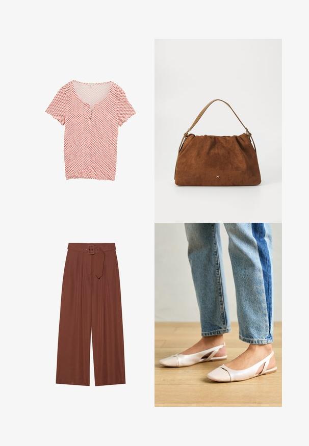 Košile s červeným a bílým vzorem, výstřihem do V, krátkými rukávy a zapínáním na tři knoflíky. Vyrobena z lehkého materiálu s hladkou texturou.; Široké kalhoty z hnědé tkaniny, které mají pás s čtvercovou sponou, sklady a hladkou texturu.; Světle růžové slingback baleríny s špičatou špičkou, vyrobené z hladkého koženému materiálu. Obsahují vystřihovací detaily po stranách a plochý podpatek.; Hnědá semišová kabelka se skládáním, s jedním světlým koženým popruhem a decentním zlatým logem na přední straně.