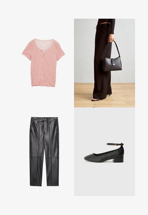 Rdeča in bela srajca s potiskom, s V-izrezom, kratkimi rokavi in tri gumbi na ploskvi. Izdelana iz lahkotnega blaga z gladko teksturo.; Črne usnjene hlače z gladko teksturo, z ravnim krojem, dvema sprednjima žeparjema in vidnimi šivi.; Črne usnjene pumpice z nazobčanimi prsti in nizko blokasto peto. Imajo trak okoli gležnja z zaponko v zlatem tonu. Gladka tekstura.; Črna torbica z strukturirano obliko, gladko teksturo in kovinskim zaponko. Ujemajo se z širokimi črnimi hlačami in odprtimi sandali na lesenem tleh.